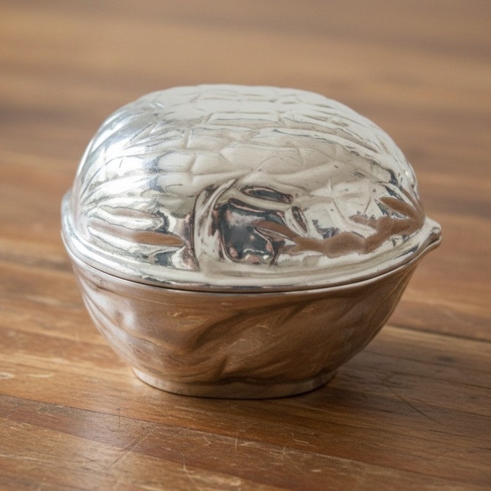 F.B. Rogers Silverplate Walnut Shaped Trinket Box, Vintage Victorian Style Dish